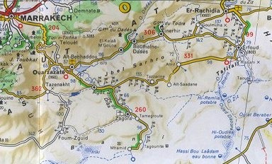 map van de streek rond de Draa de Dades en Ziz vallei