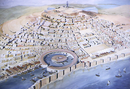 de Byrsa heuvel met de stad Carthago en de oorlogshaven met meer dan 200 schepen