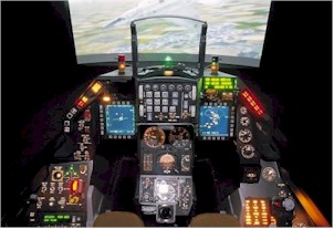 Multifunctional displays in cockpit of MLU F-16, here in the flight simulator.